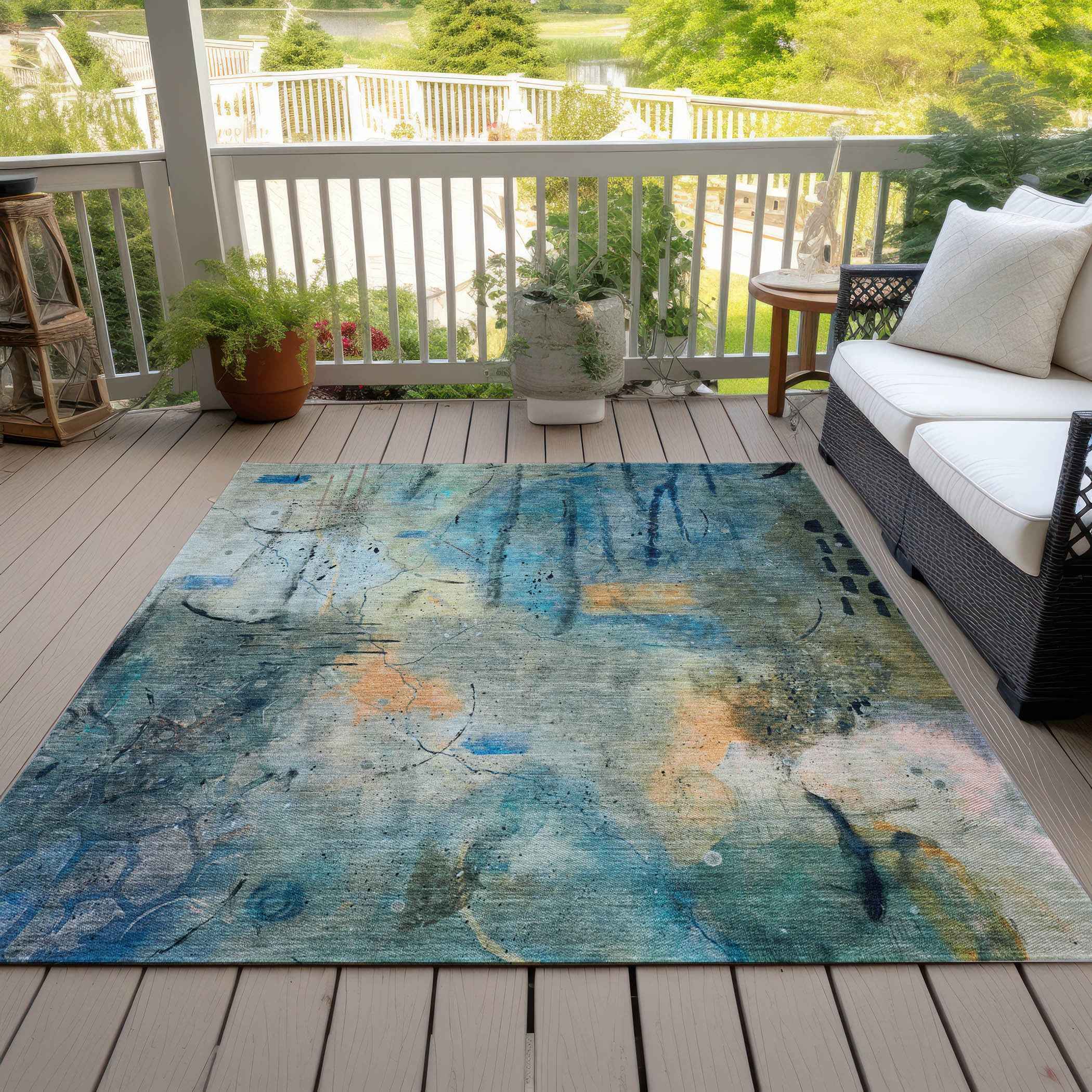 8' X 10' Teal Blue And Gold Abstract Washable Indoor Outdoor Area Rug