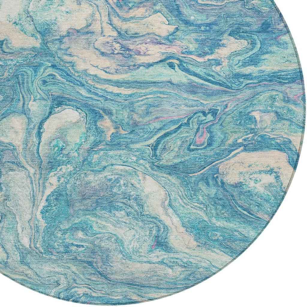8' Teal Blue And Ivory Round Abstract Washable Indoor Outdoor Area Rug