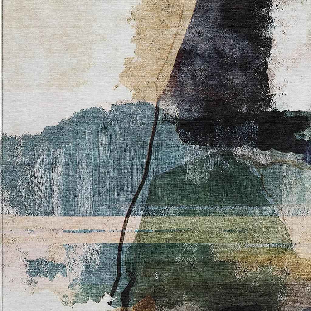 9' X 12' Green And Ivory Abstract Washable Indoor Outdoor Area Rug