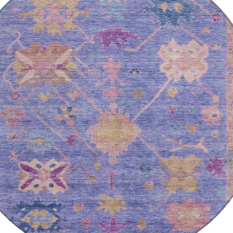 8' Purple And Blue Round Tribal Washable Indoor Outdoor Area Rug