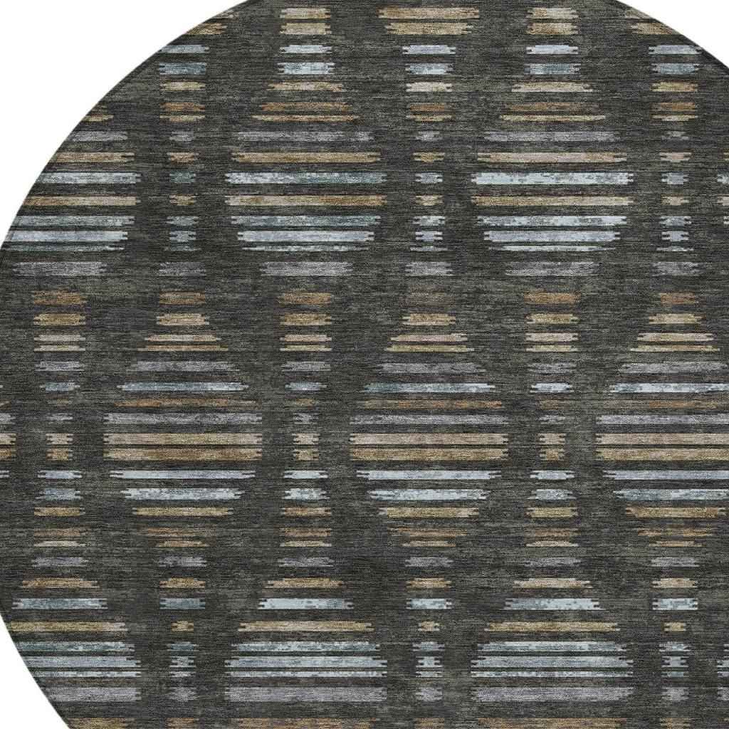 8' Coffee And Gray Round Striped Washable Indoor Outdoor Area Rug