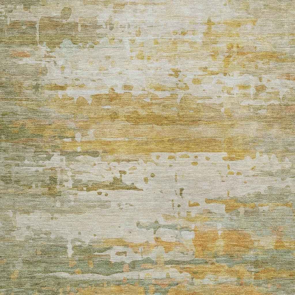 9' X 12' Artichoke Green And Gold Abstract Washable Indoor Outdoor Area Rug