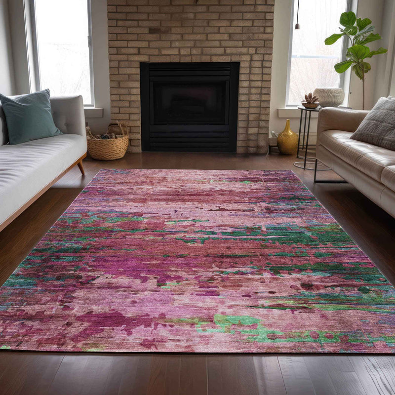 8' X 10' Pink Mauve And Green Abstract Washable Indoor Outdoor Area Rug