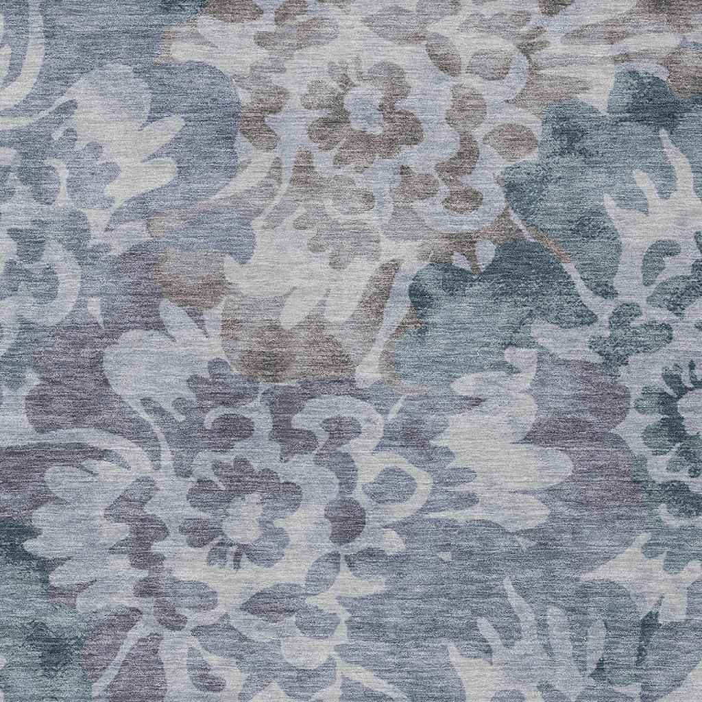 3' X 5' Blue And Silver Floral Washable Indoor Outdoor Area Rug