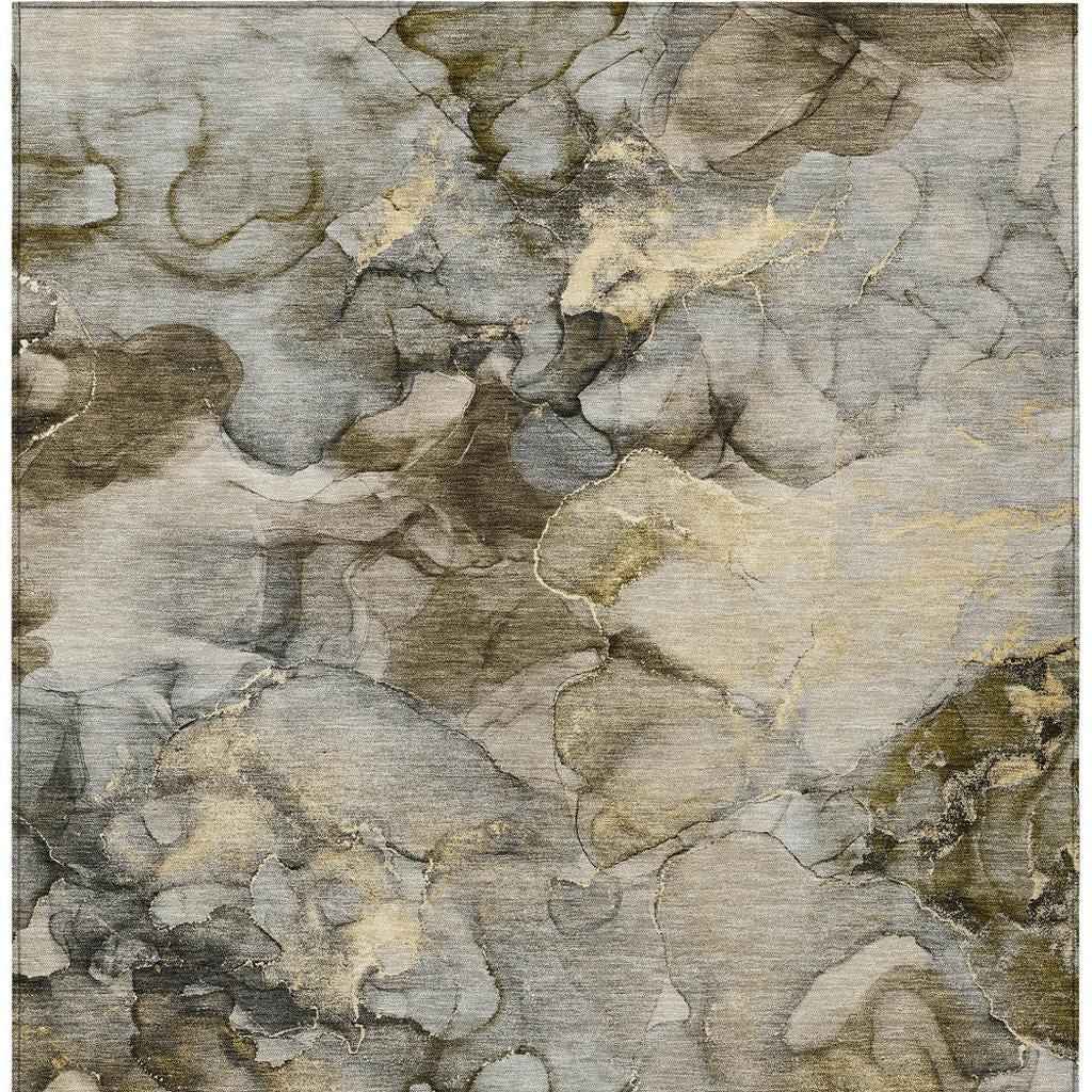 5' X 8' Pewter And Gold Abstract Washable Indoor Outdoor Area Rug