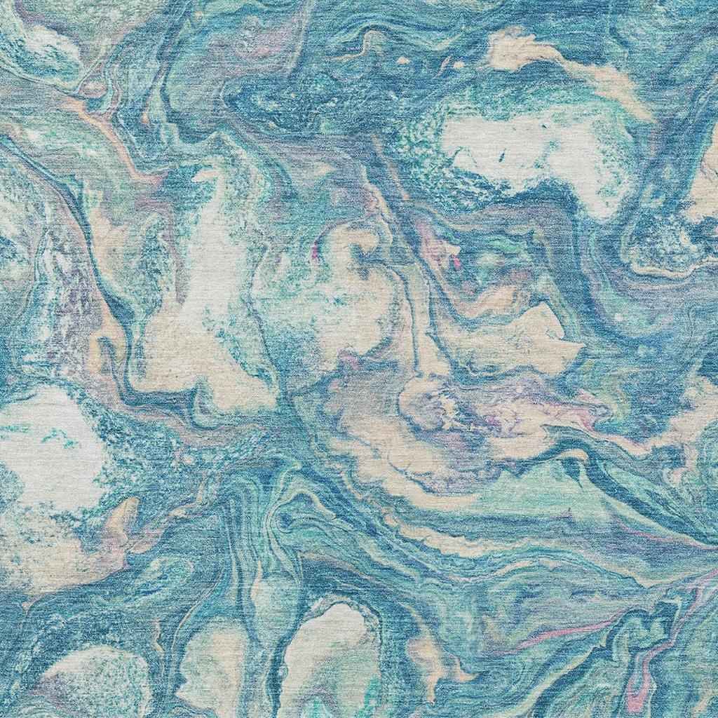 3' X 5' Teal Blue And Ivory Abstract Washable Indoor Outdoor Area Rug