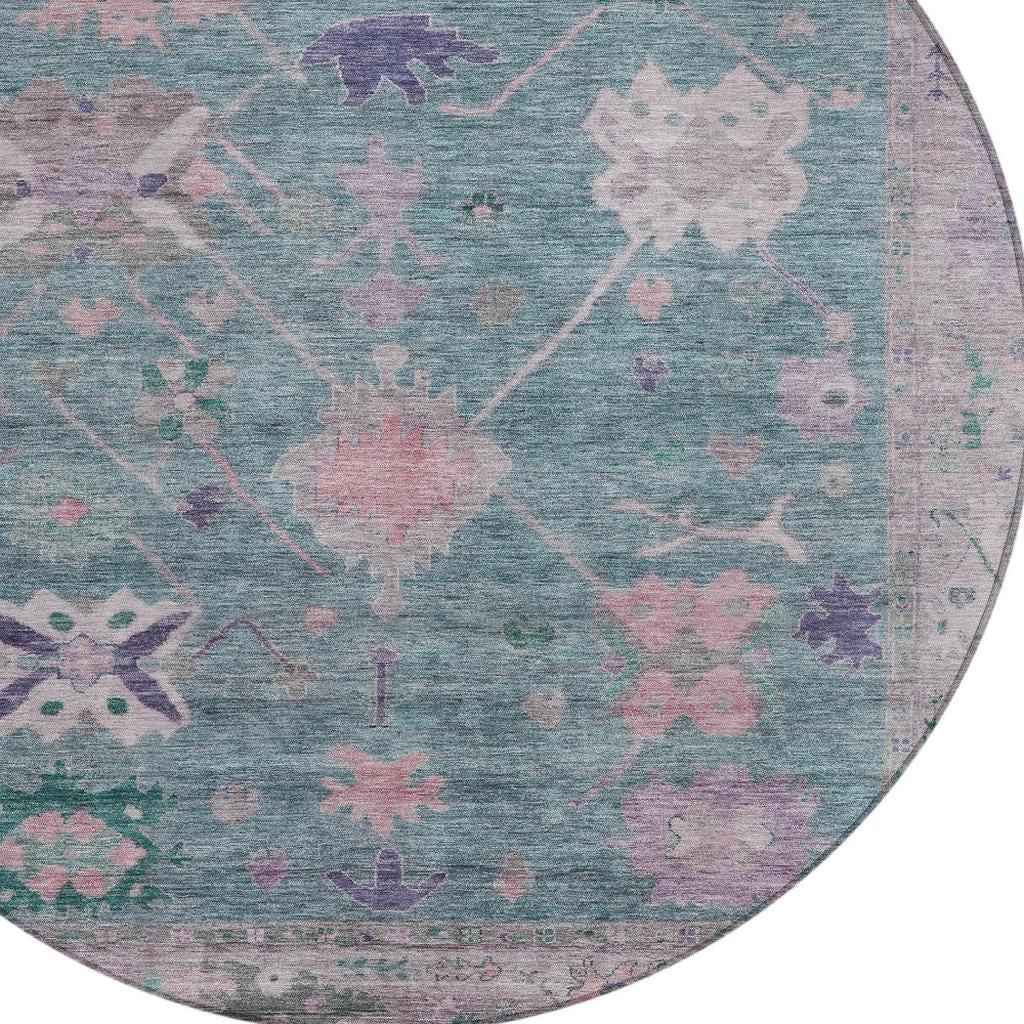8' Green And Purple Round Tribal Washable Indoor Outdoor Area Rug