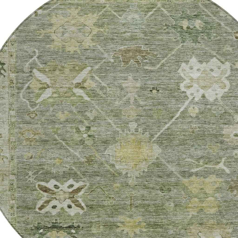 8' Sage And Beige Round Tribal Washable Indoor Outdoor Area Rug
