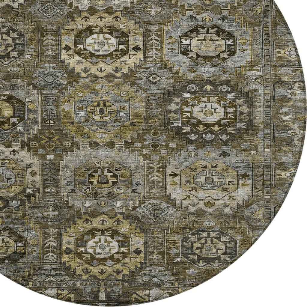 8' Brown Charcoal And Beige Round Medallion Washable Indoor Outdoor Area Rug