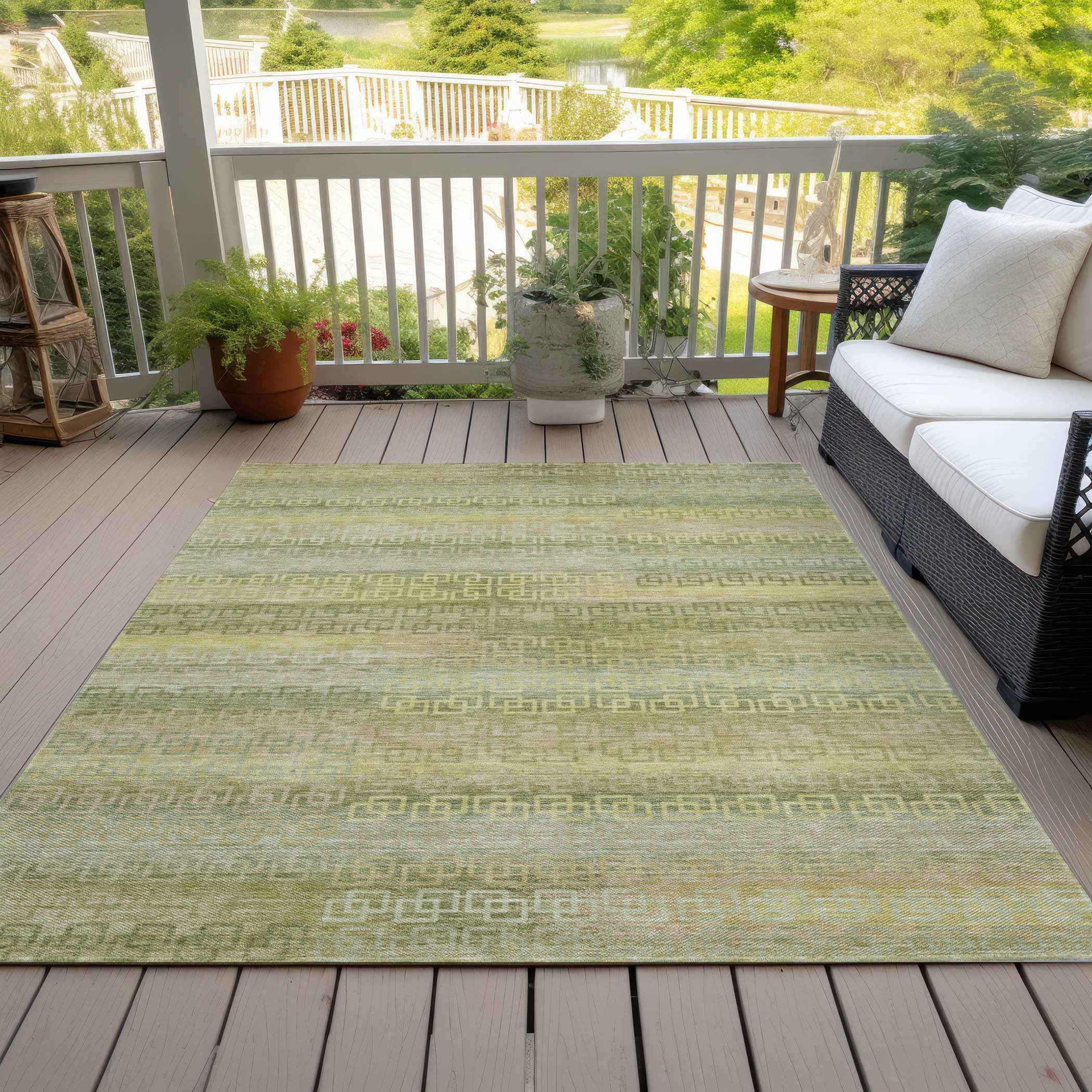 9' X 12' Sage And Gold Striped Washable Indoor Outdoor Area Rug