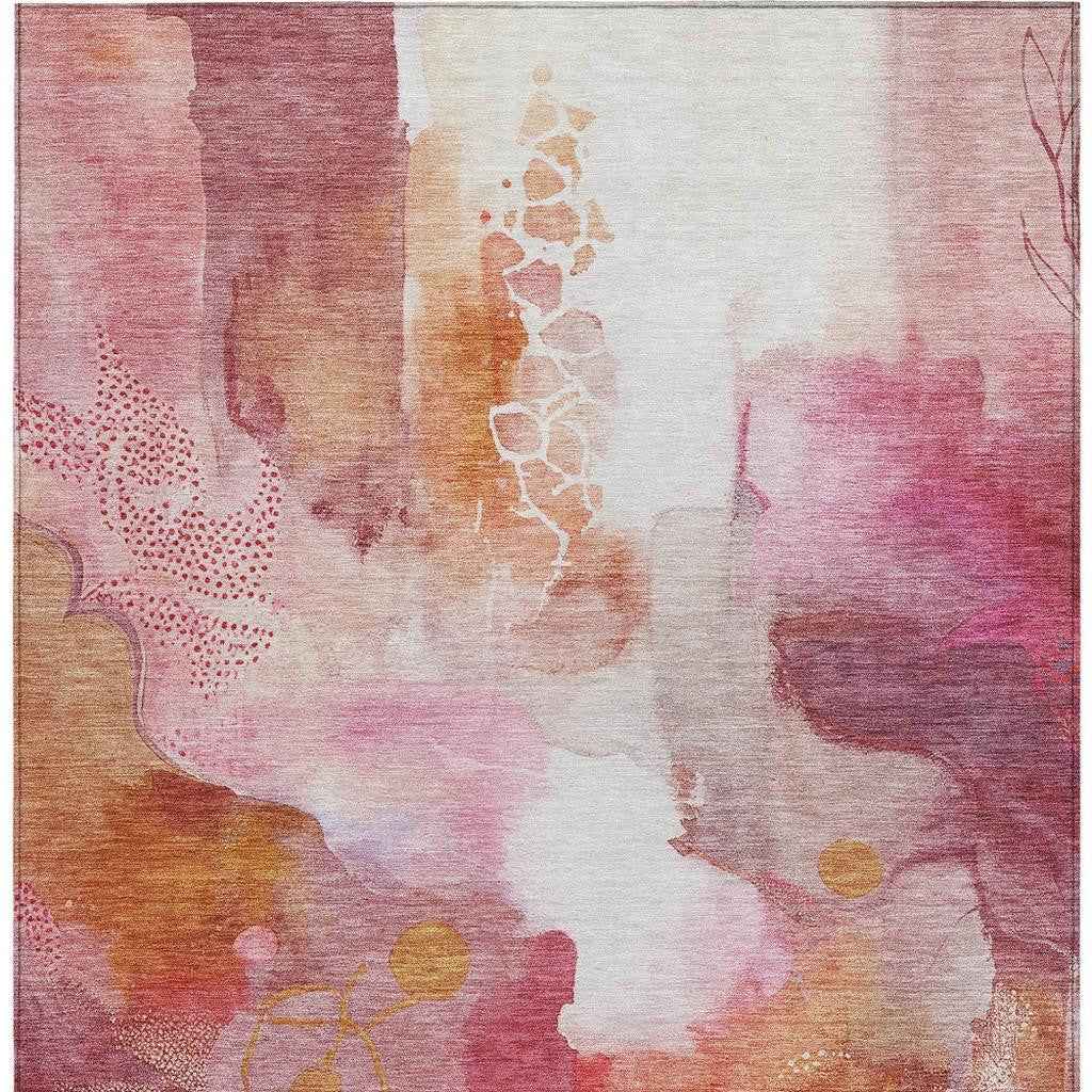 8' X 10' Pink Copper And Ivory Abstract Washable Indoor Outdoor Area Rug