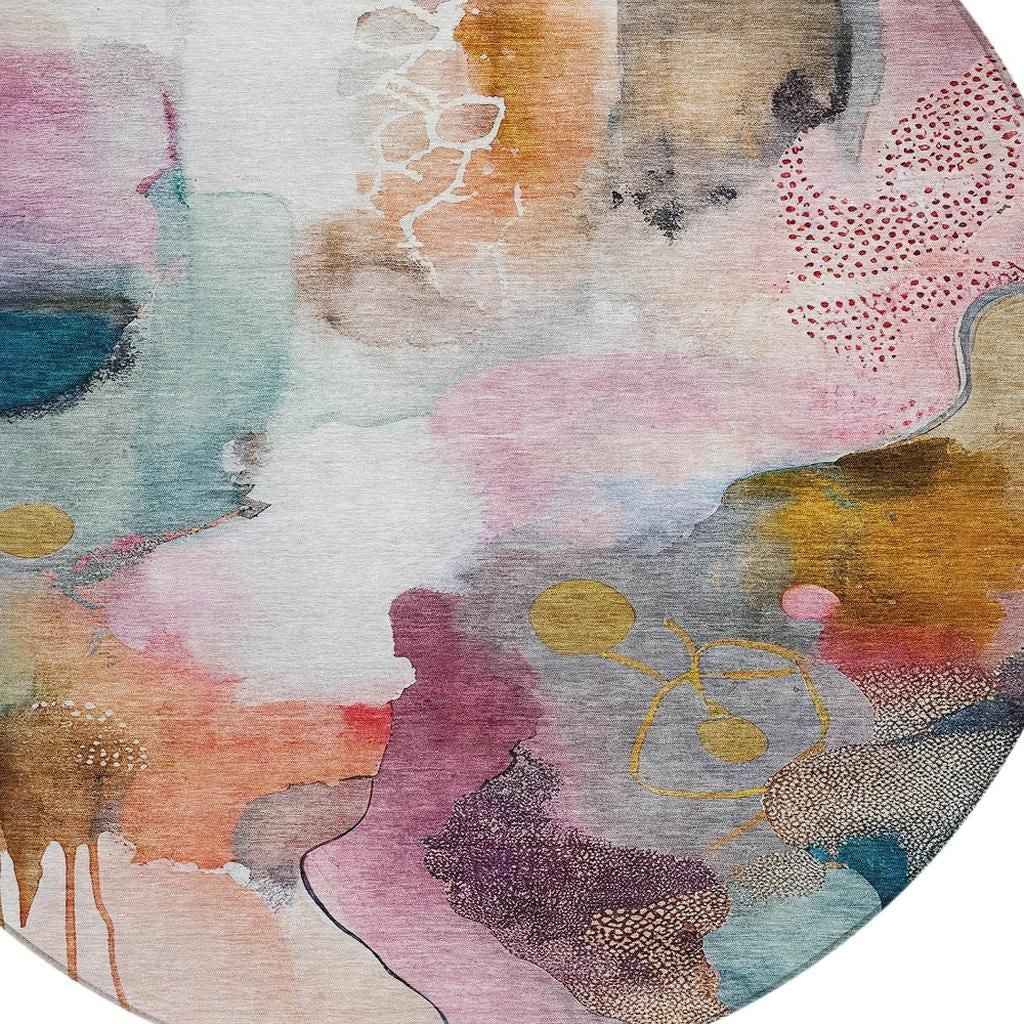 8' Blush Teal Blue And Ivory Round Abstract Washable Indoor Outdoor Area Rug