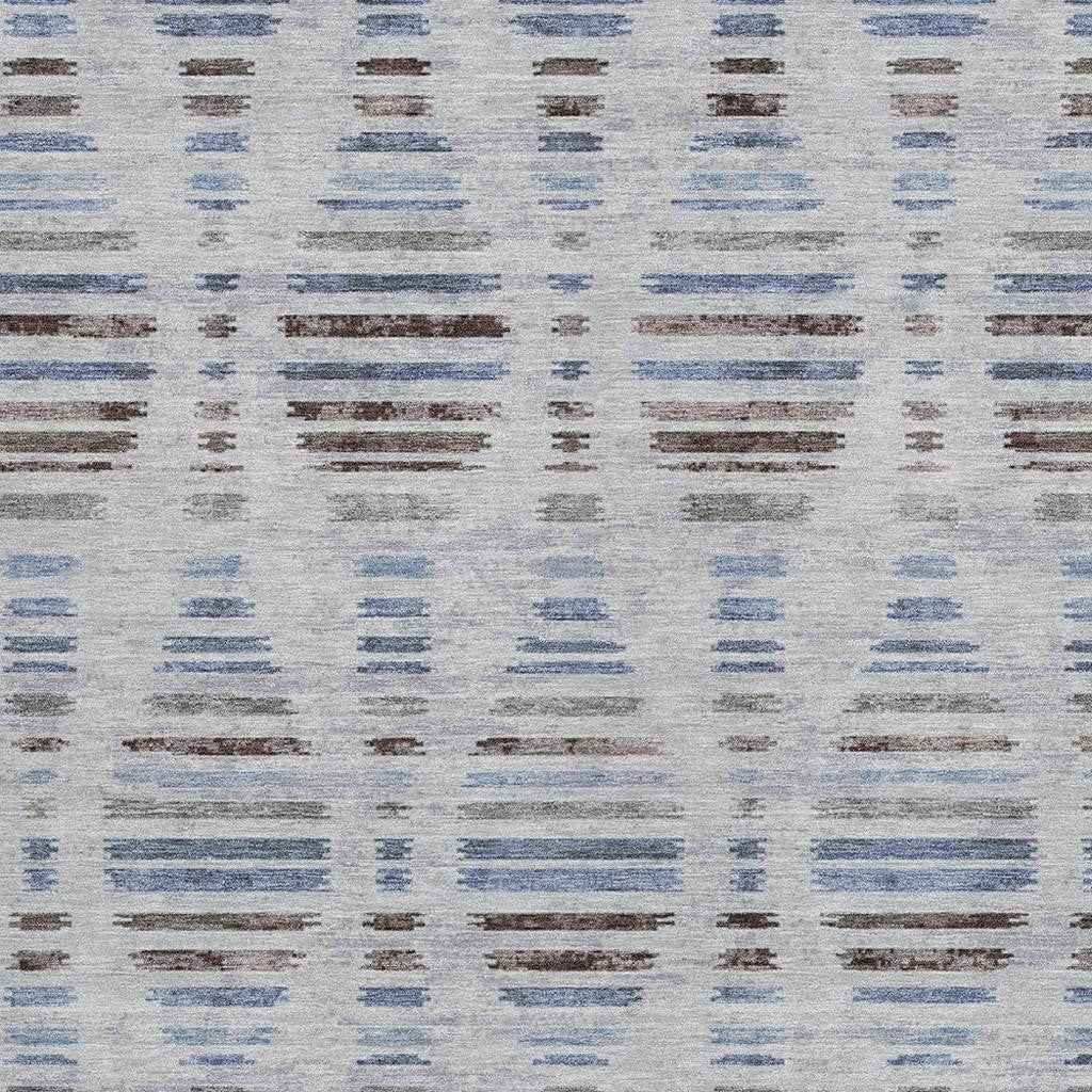 9' X 12' Beige And Denim Blue Striped Washable Indoor Outdoor Area Rug