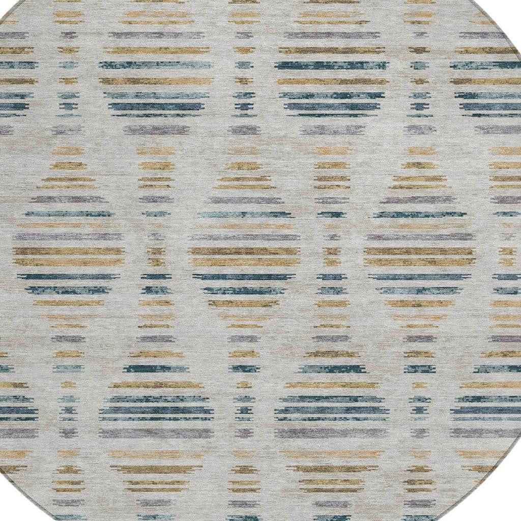 8' Linen And Navy Blue Round Striped Washable Indoor Outdoor Area Rug