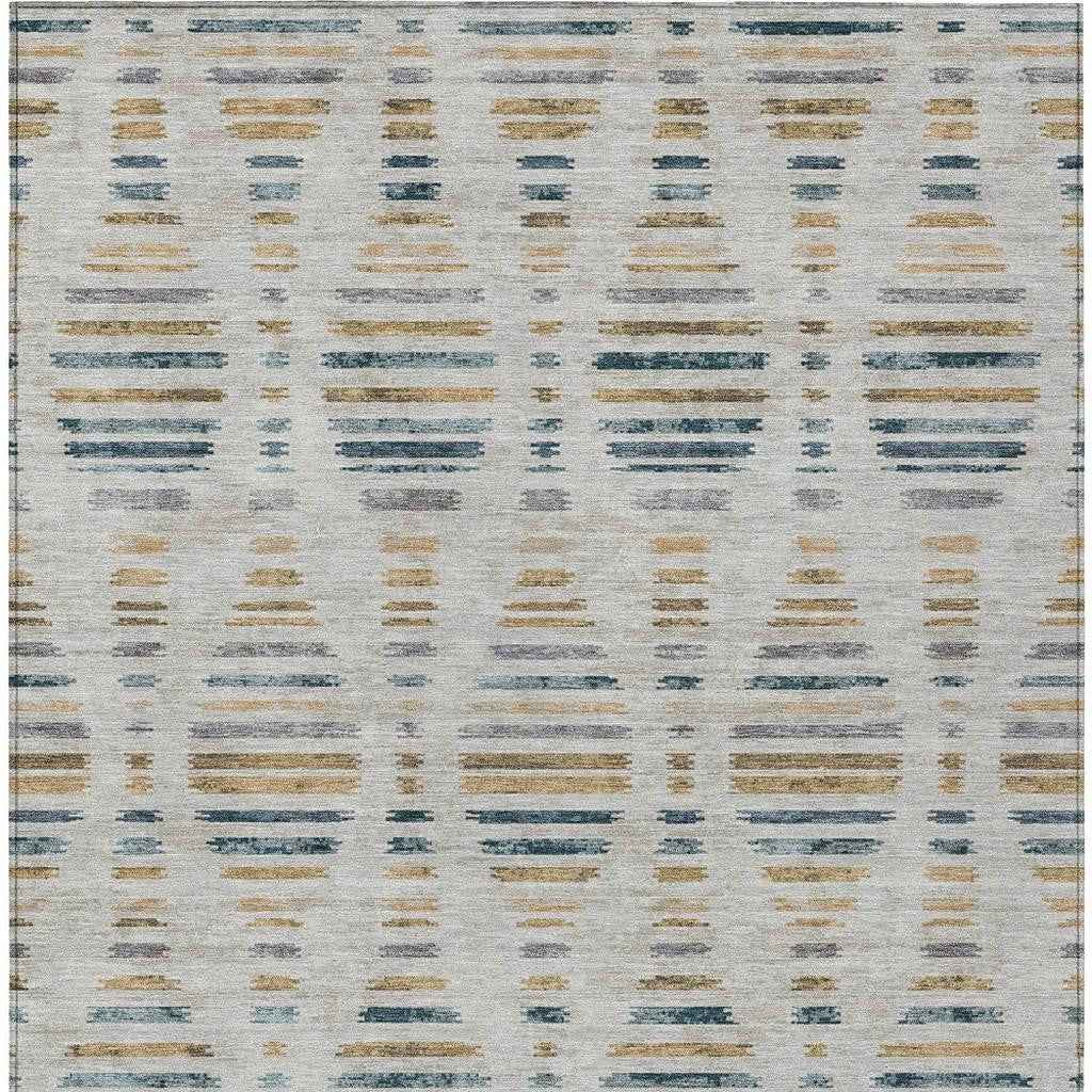 8' X 10' Linen And Navy Blue Striped Washable Indoor Outdoor Area Rug