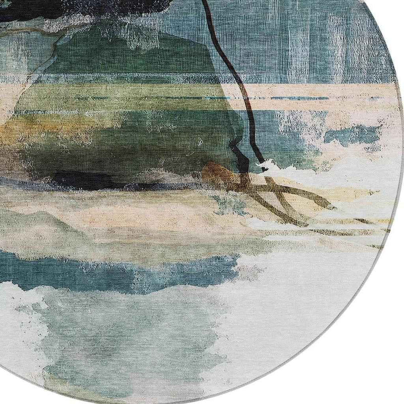 8' Green And Ivory Round Abstract Washable Indoor Outdoor Area Rug