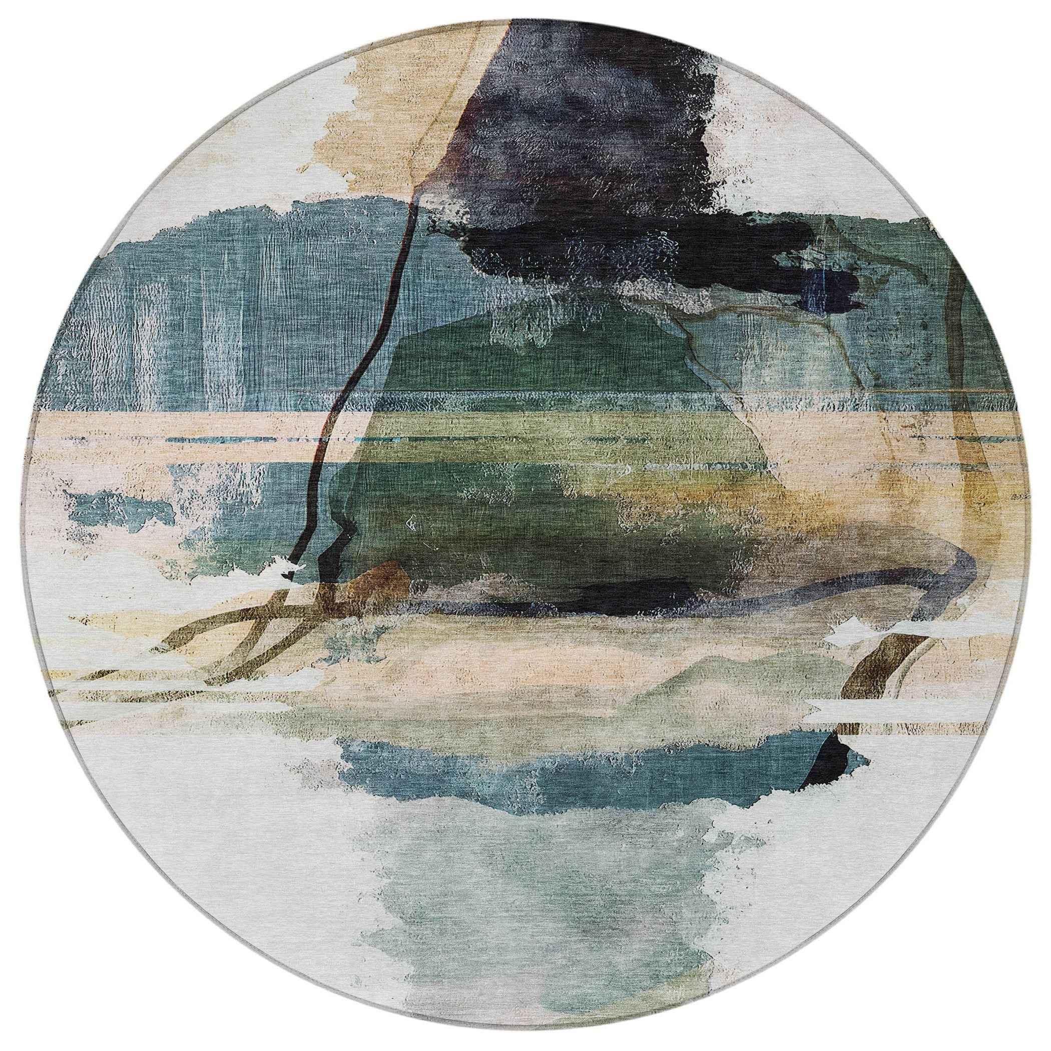 8' Green And Ivory Round Abstract Washable Indoor Outdoor Area Rug