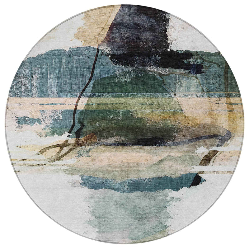 8' Green And Ivory Round Abstract Washable Indoor Outdoor Area Rug