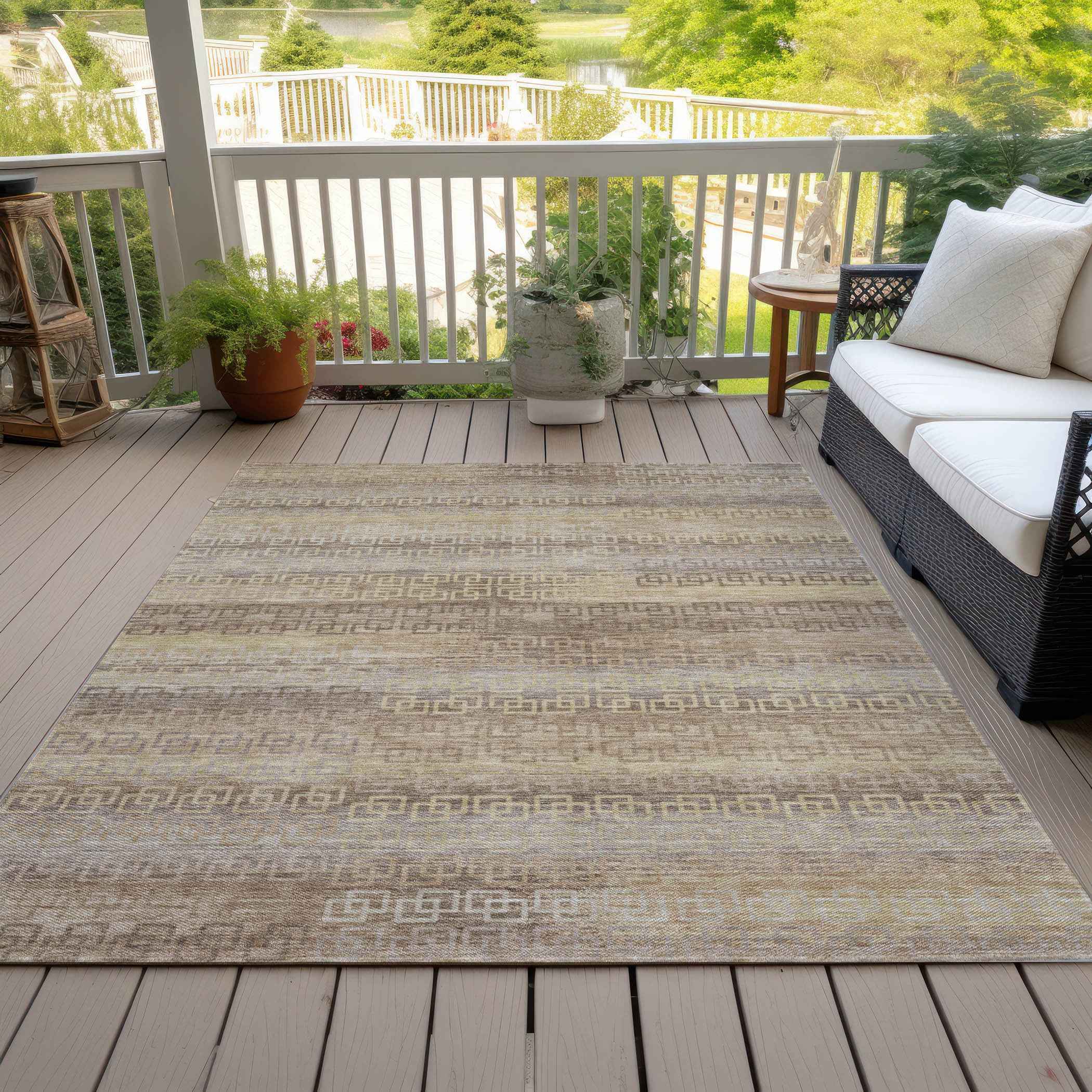 8' X 10' Beige And Wheat Striped Washable Indoor Outdoor Area Rug