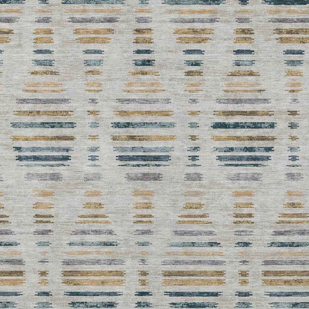 5' X 8' Linen And Navy Blue Striped Washable Indoor Outdoor Area Rug