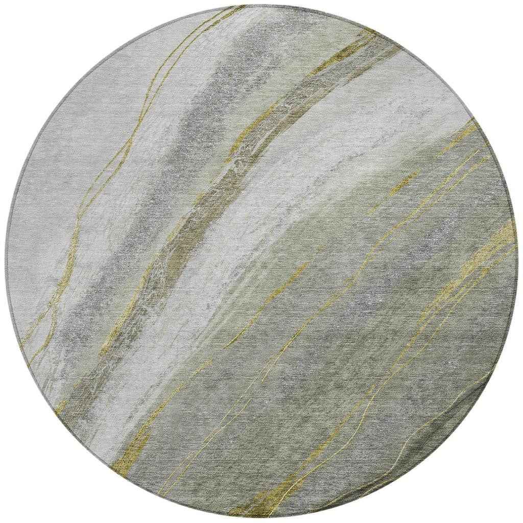 8' Artichoke Green And Gray Round Abstract Washable Indoor Outdoor Area Rug