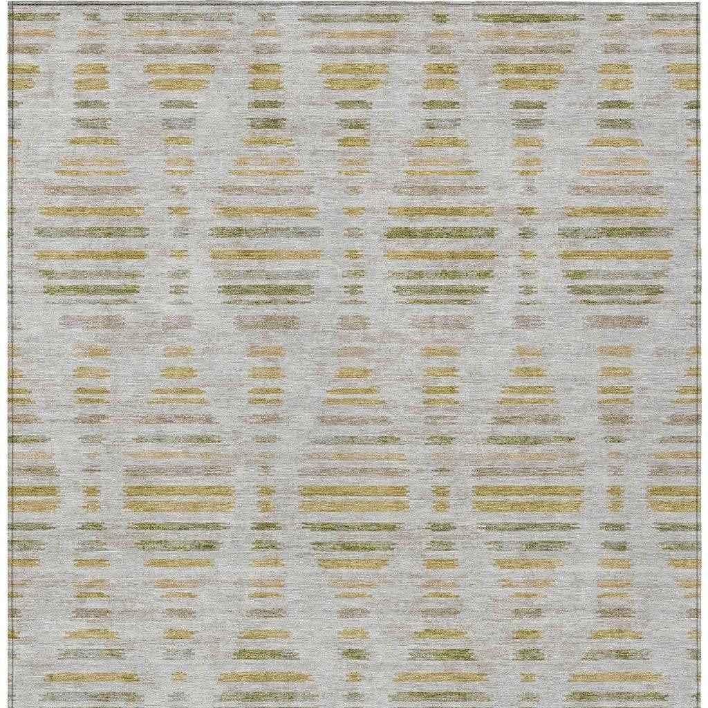 9' X 12' Ivory And Gold Striped Washable Indoor Outdoor Area Rug