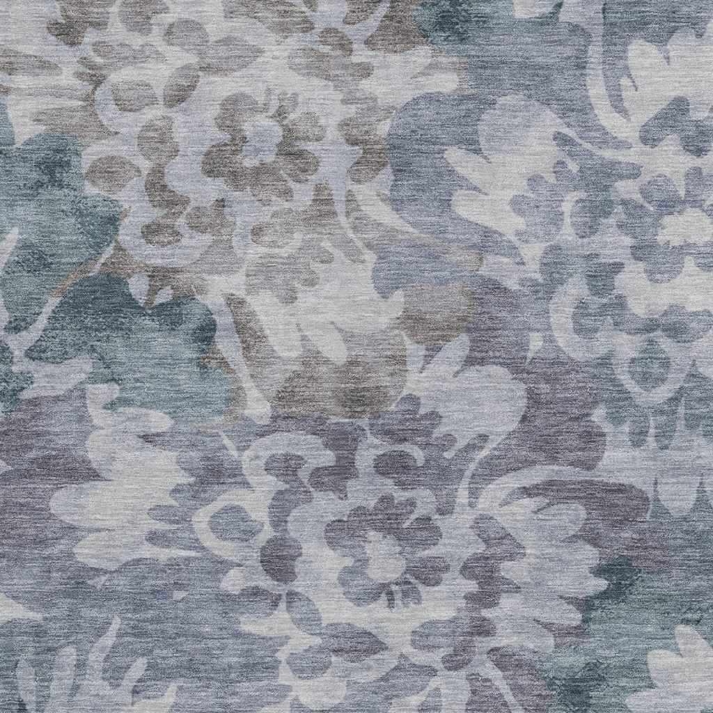 10' X 14' Blue And Silver Floral Washable Indoor Outdoor Area Rug