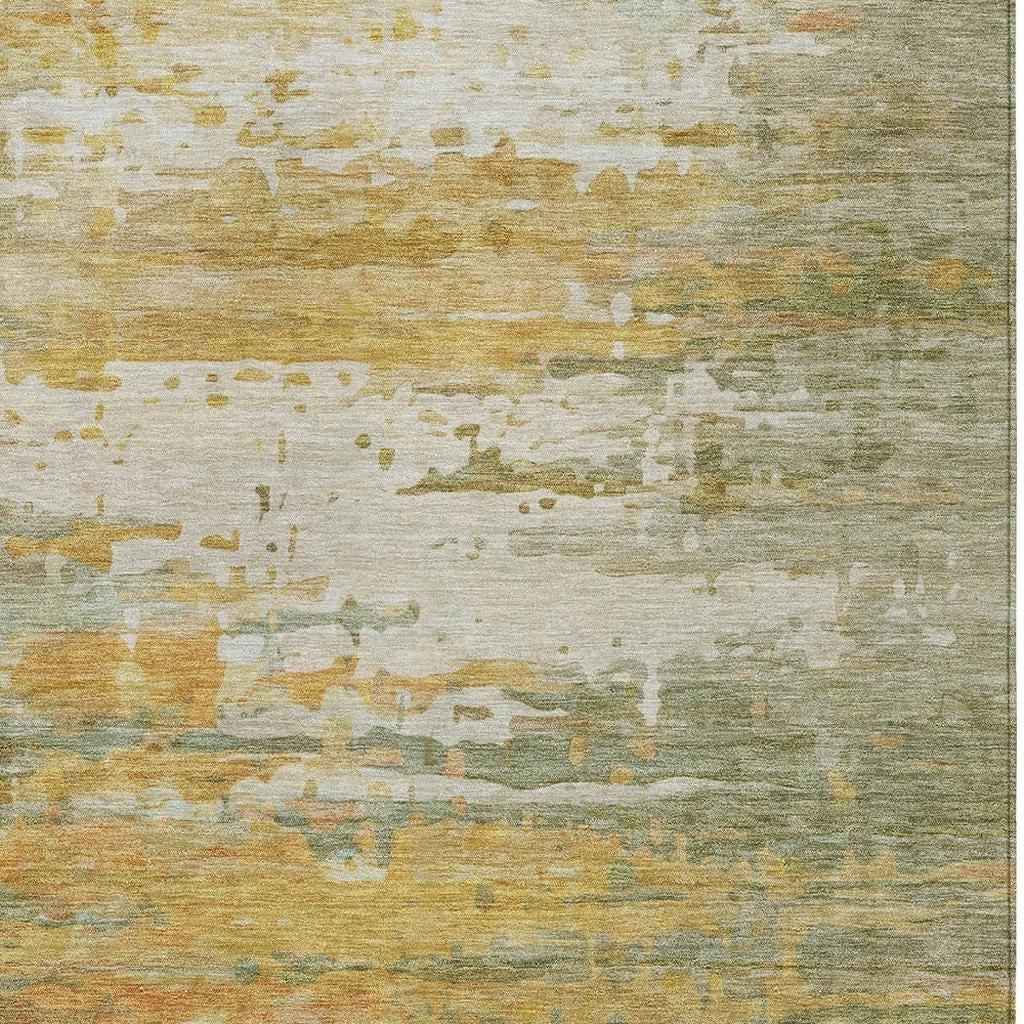 3' X 5' Artichoke Green And Gold Abstract Washable Indoor Outdoor Area Rug