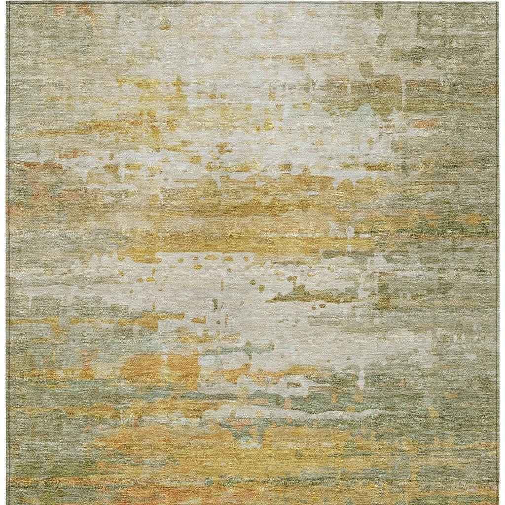 3' X 5' Artichoke Green And Gold Abstract Washable Indoor Outdoor Area Rug