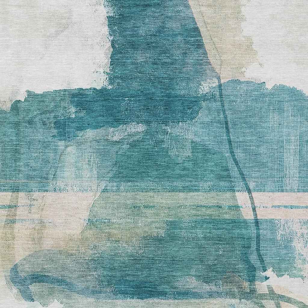 9' X 12' Teal Blue And Ivory Abstract Washable Indoor Outdoor Area Rug