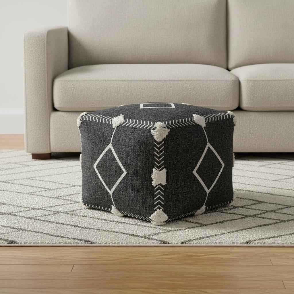 18" Black Cotton Geometric Pouf Ottoman