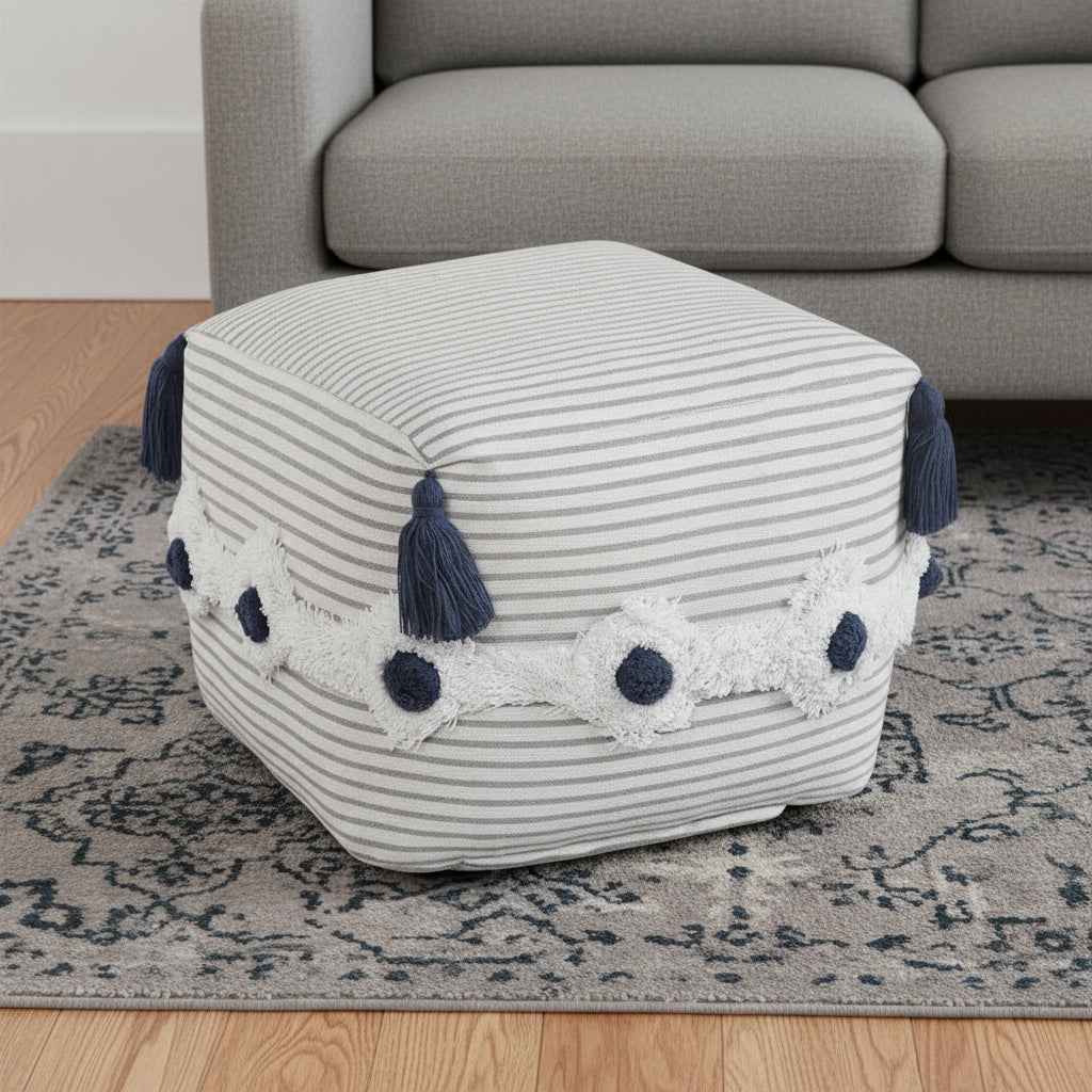 18" Gray Cotton Striped Pouf Ottoman