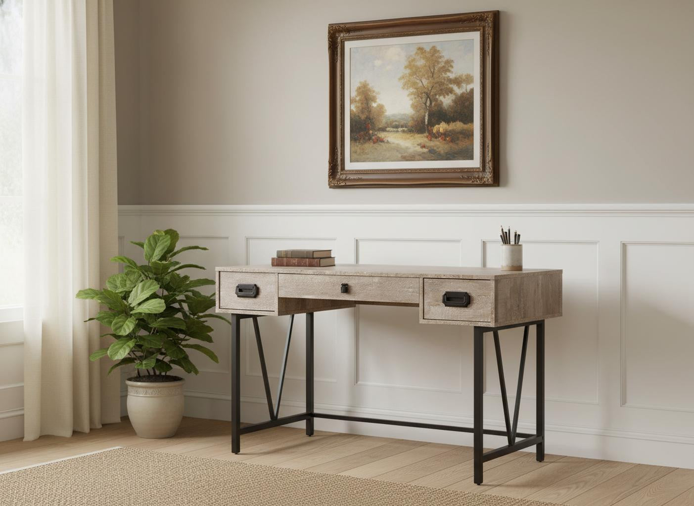47" Taupe and Black Computer Desk With Three Drawers - Office Supplies