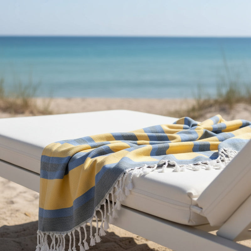 Denim Blue and Yellow Striped Turkish Towel Beach Blanket - Outdoor