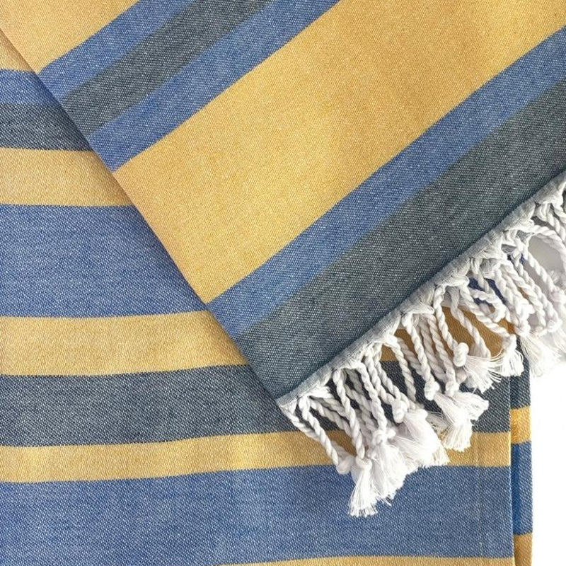 Denim Blue and Yellow Striped Turkish Towel Beach Blanket - Outdoor