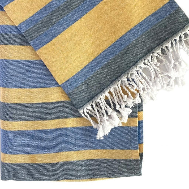 Denim Blue and Yellow Striped Turkish Towel Beach Blanket - Outdoor
