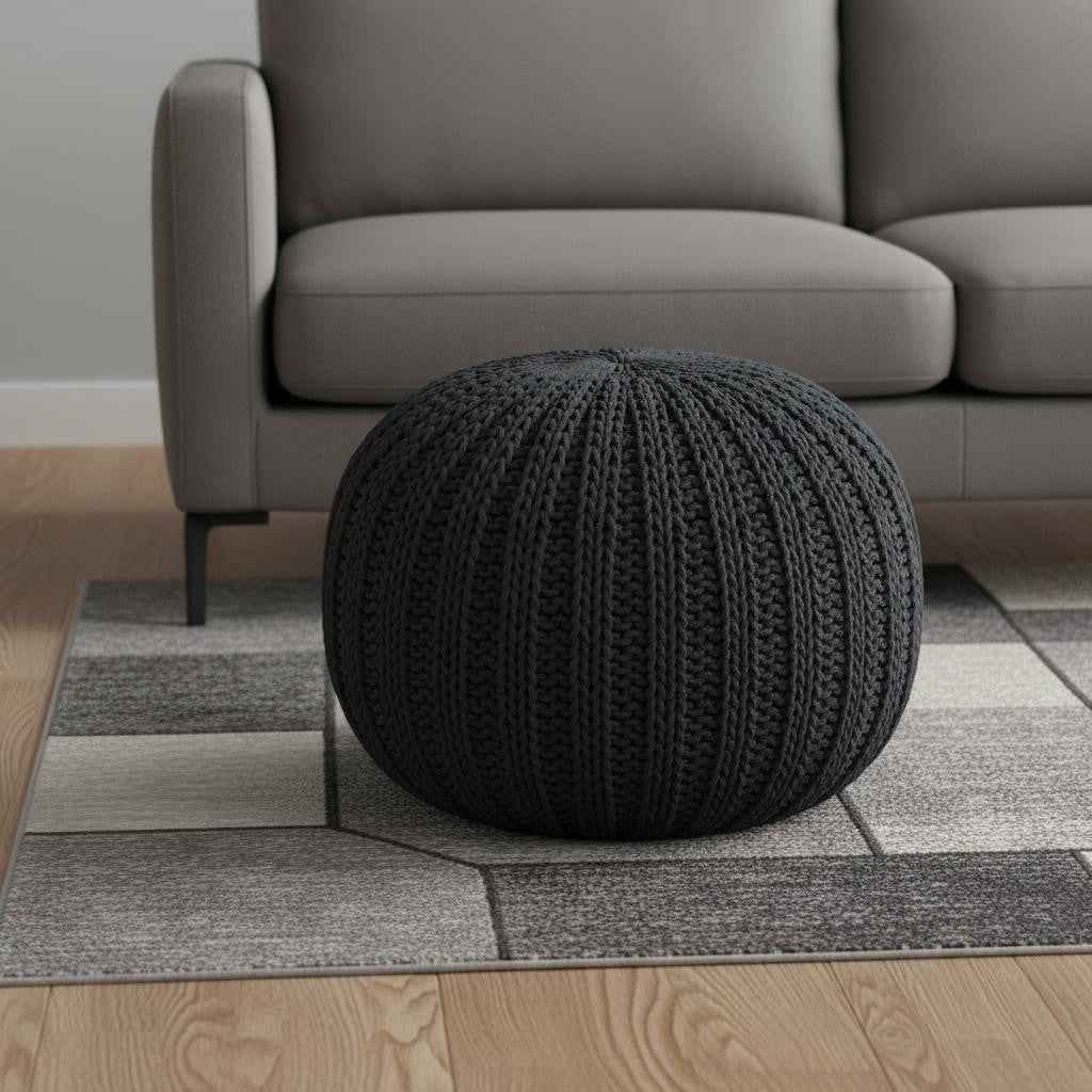 20" Black Cotton Round Pouf Ottoman