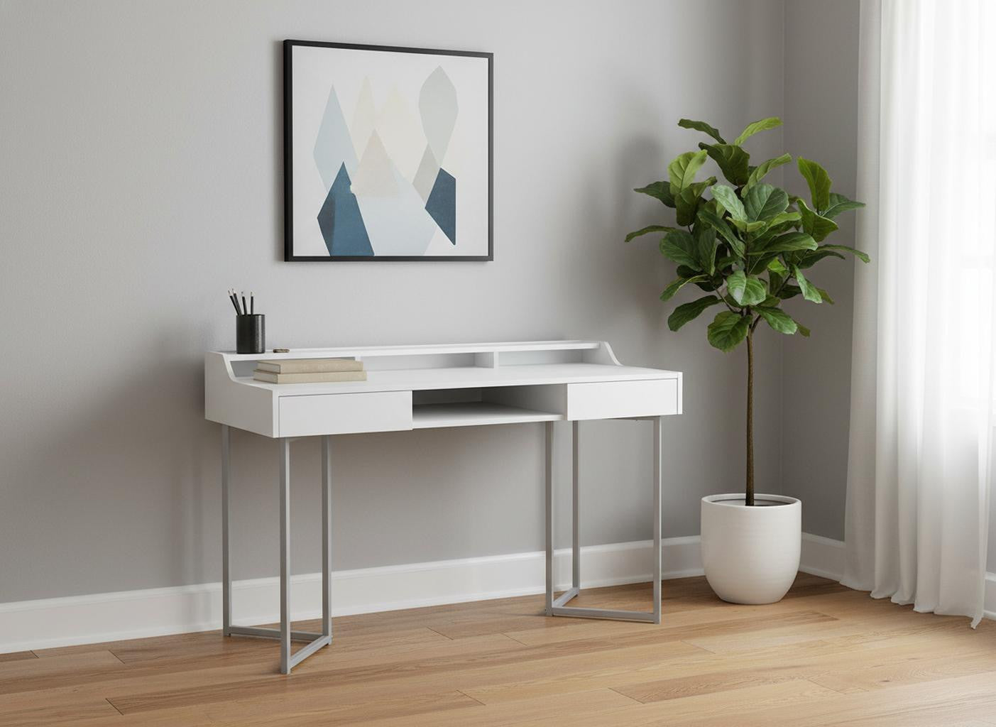 48" White and Silver Writing Desk With Two Drawers - Office Supplies