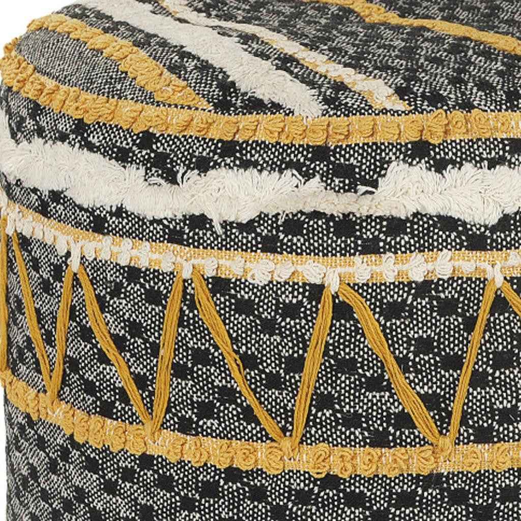 18" Black Cotton Cylinder Striped Pouf Ottoman