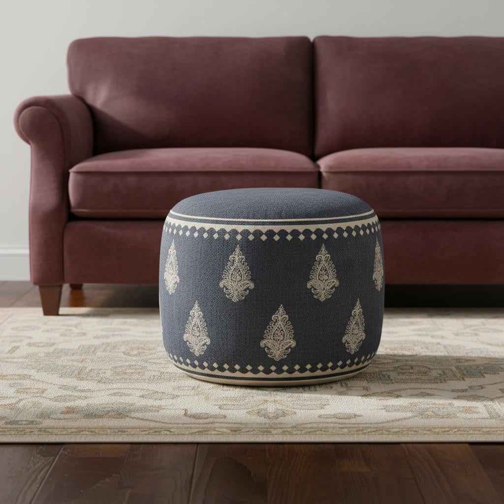 18" Blue Cotton Cylinder Paisley Pouf Ottoman