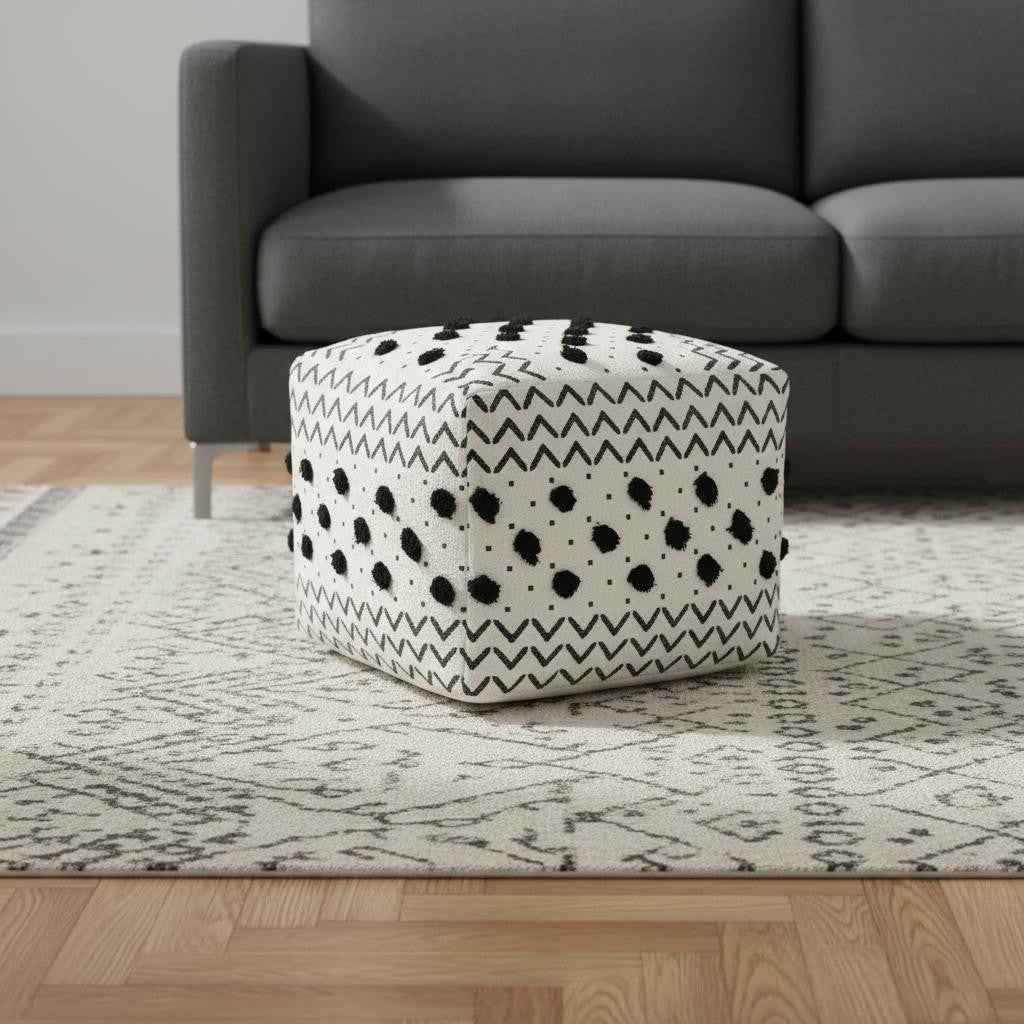 18" White Cotton Chevron Pouf Ottoman