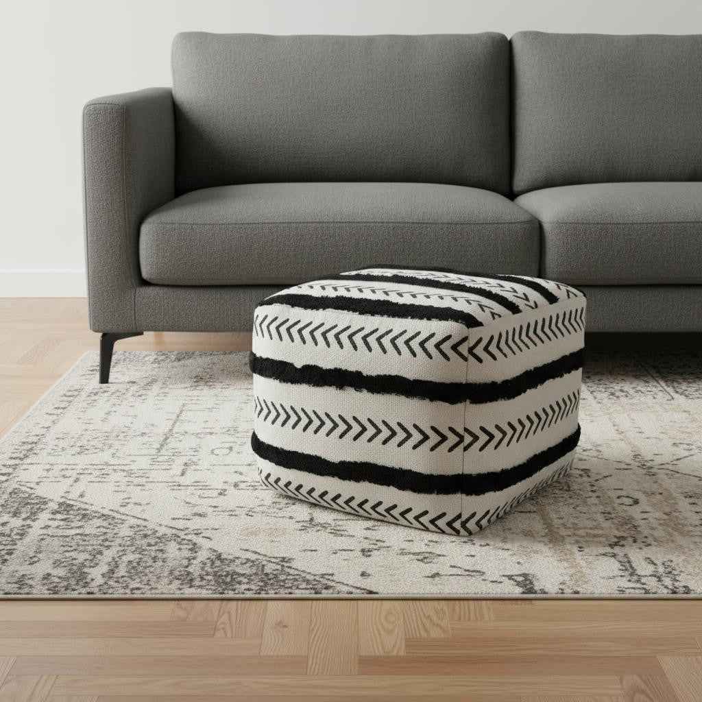 18" White Cotton Striped Pouf Ottoman