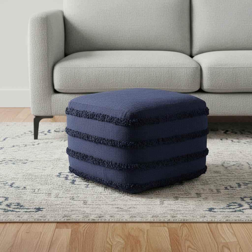 18" Blue Cotton Striped Pouf Ottoman