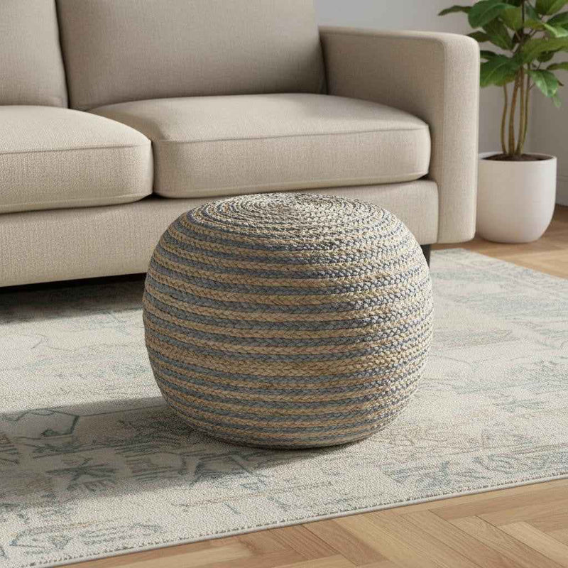 20" Gray Cotton Blend Round Striped Pouf Ottoman