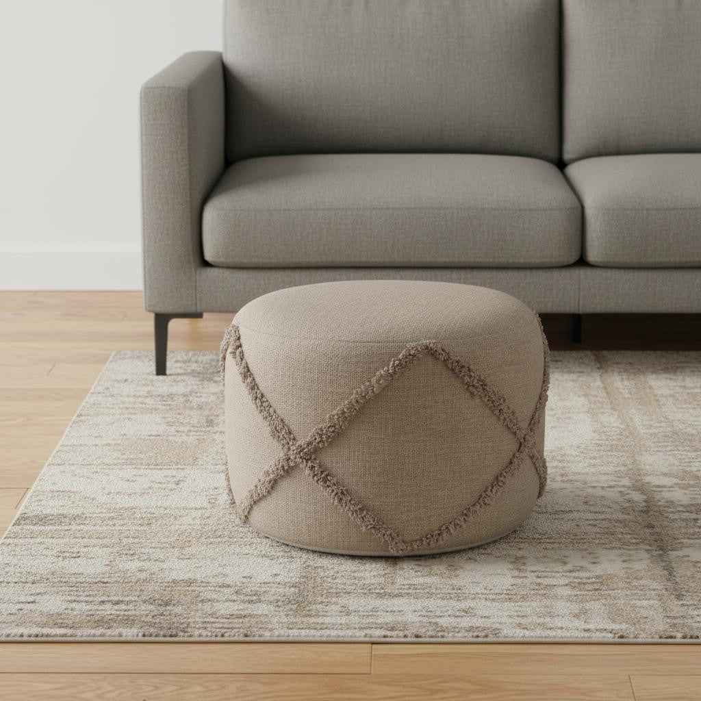 18" Brown Cotton Cylinder Geometric Pouf Ottoman
