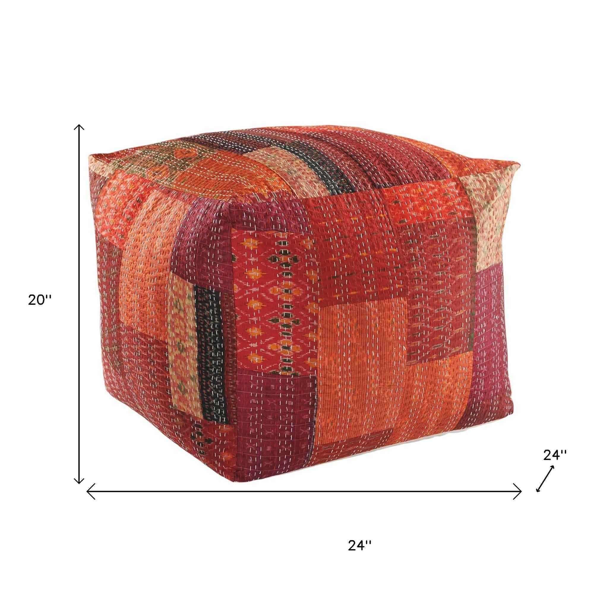 24" Red Patchwork Pouf Ottoman