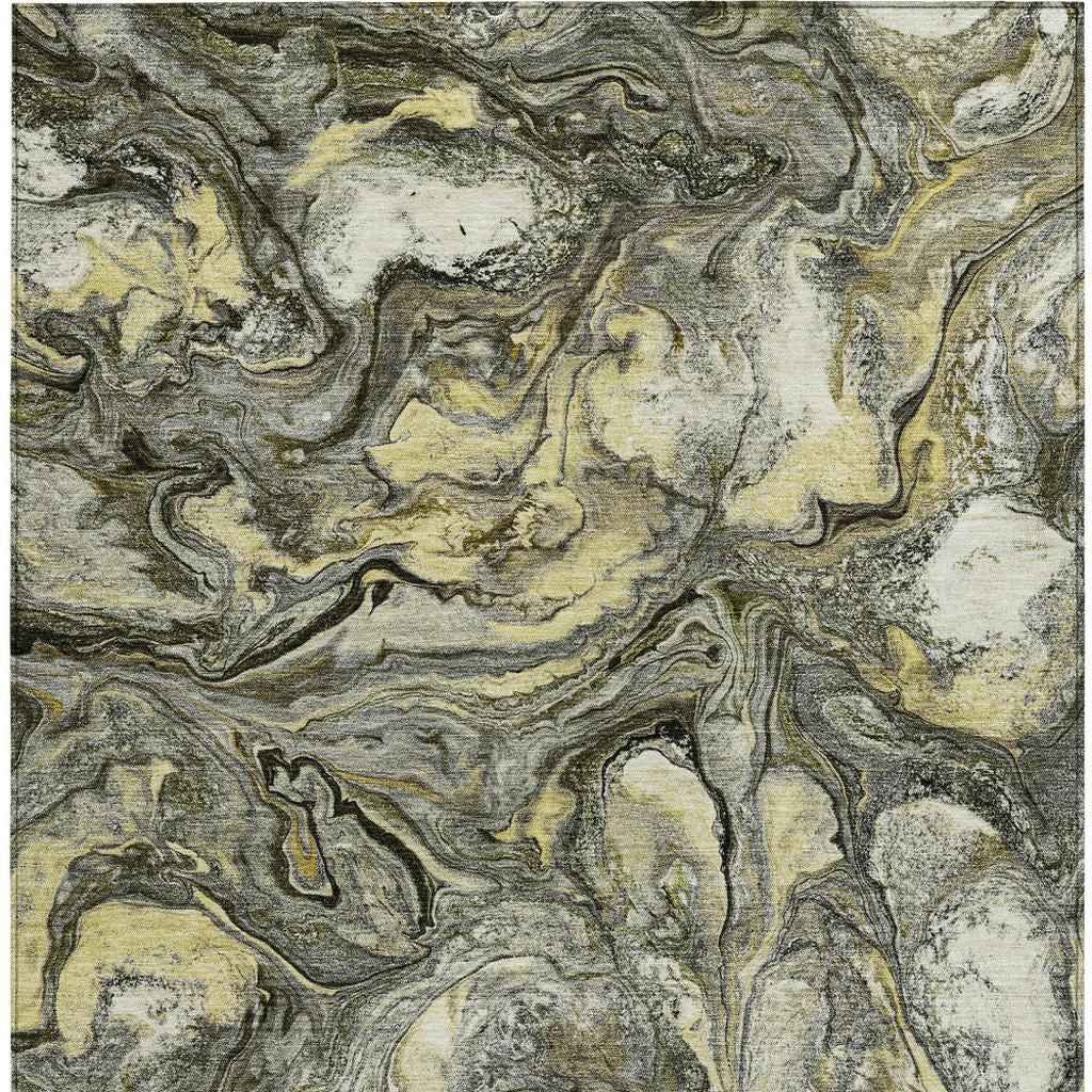 9' X 12' Pewter And Gold Abstract Washable Indoor Outdoor Area Rug