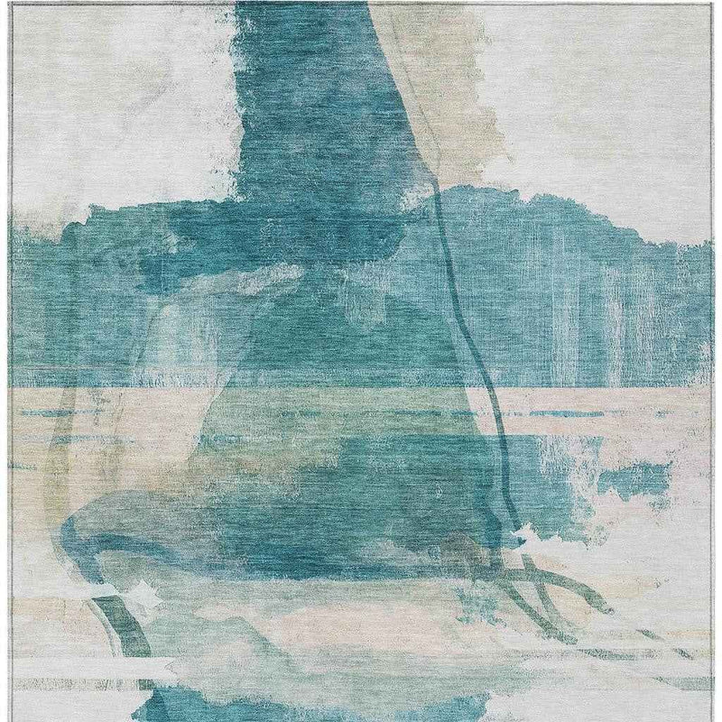 10' X 14' Teal Blue And Ivory Abstract Washable Indoor Outdoor Area Rug