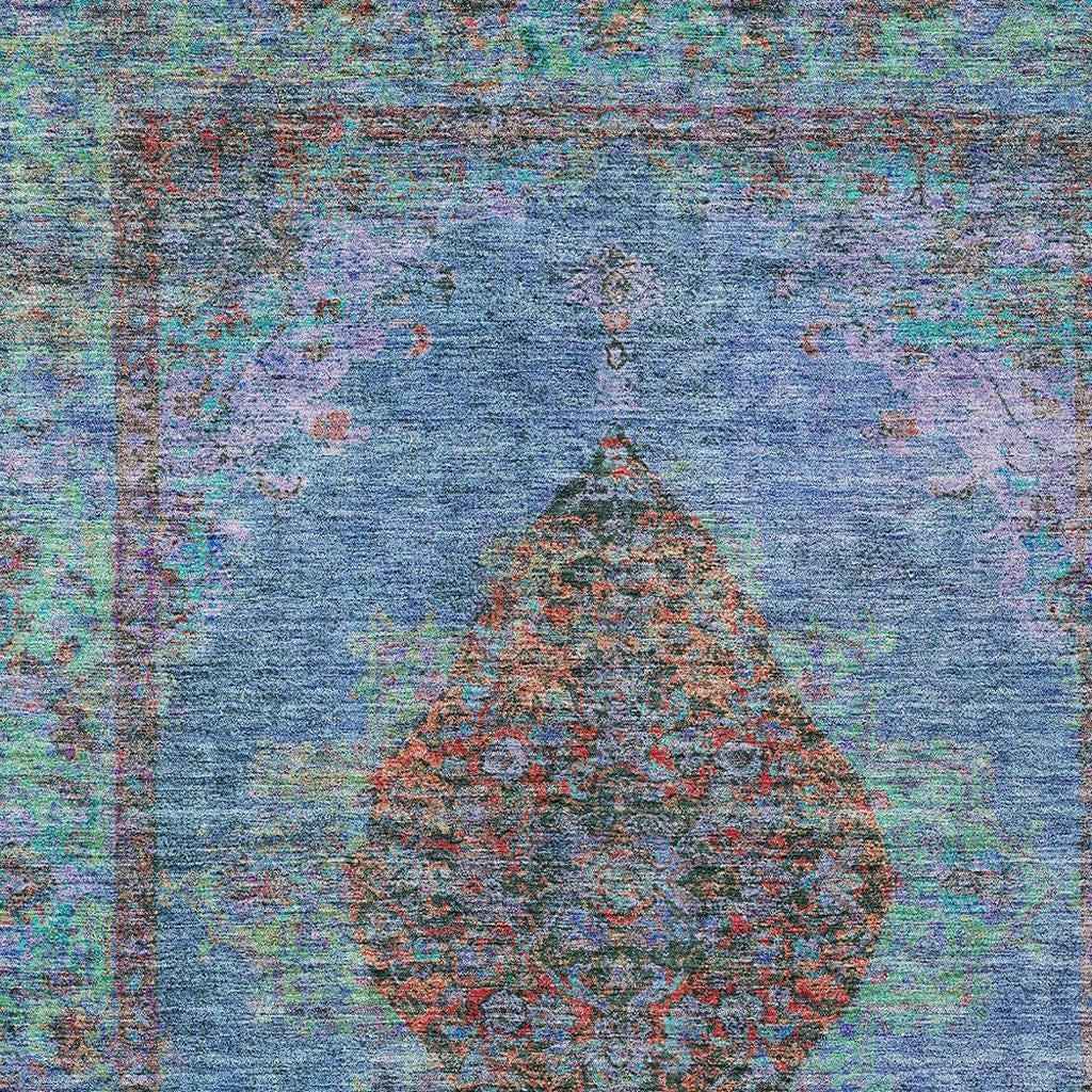 9' X 12' Blue And Rust Medallion Washable Indoor Outdoor Area Rug