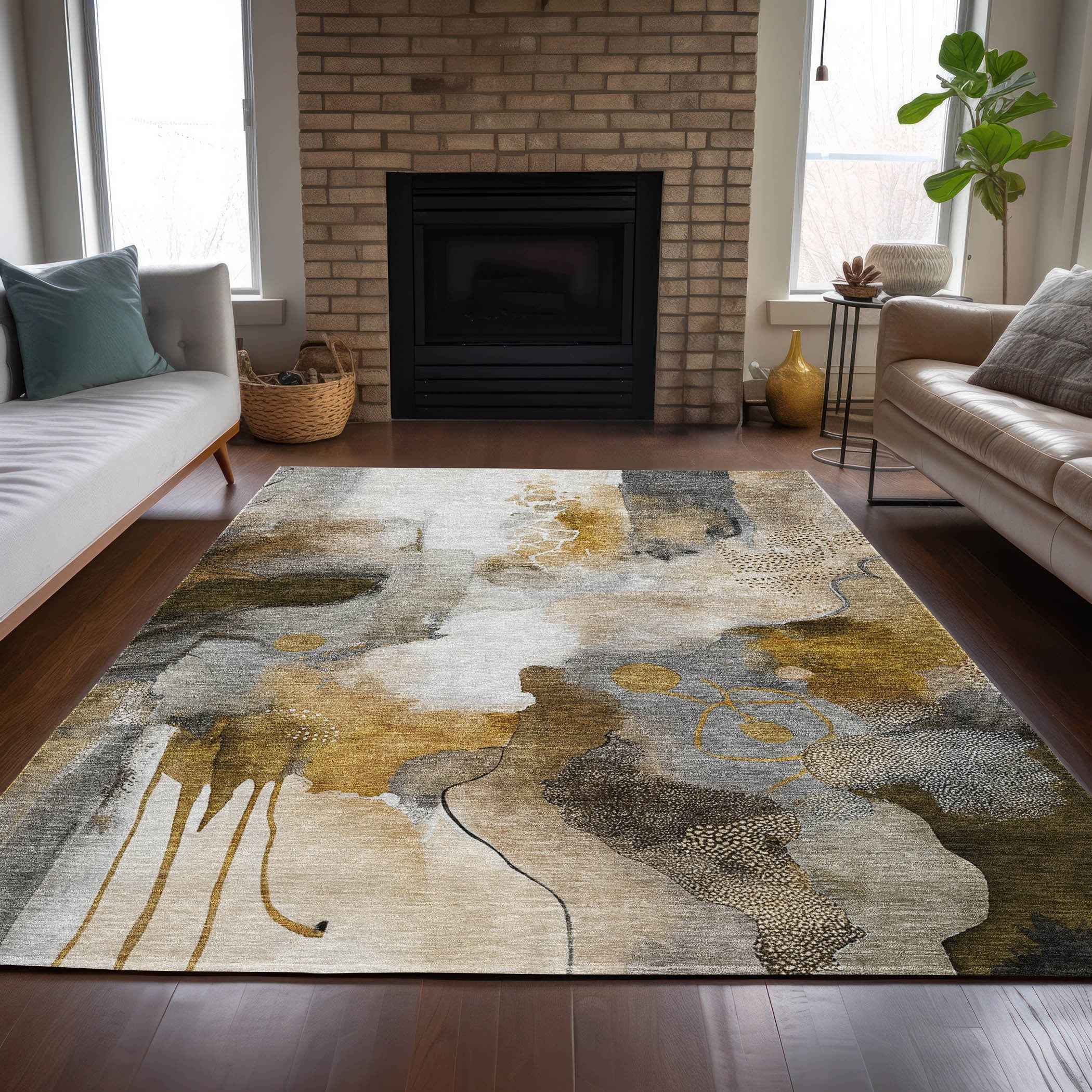 9' X 12' Brown Charcoal And Ivory Abstract Washable Indoor Outdoor Area Rug
